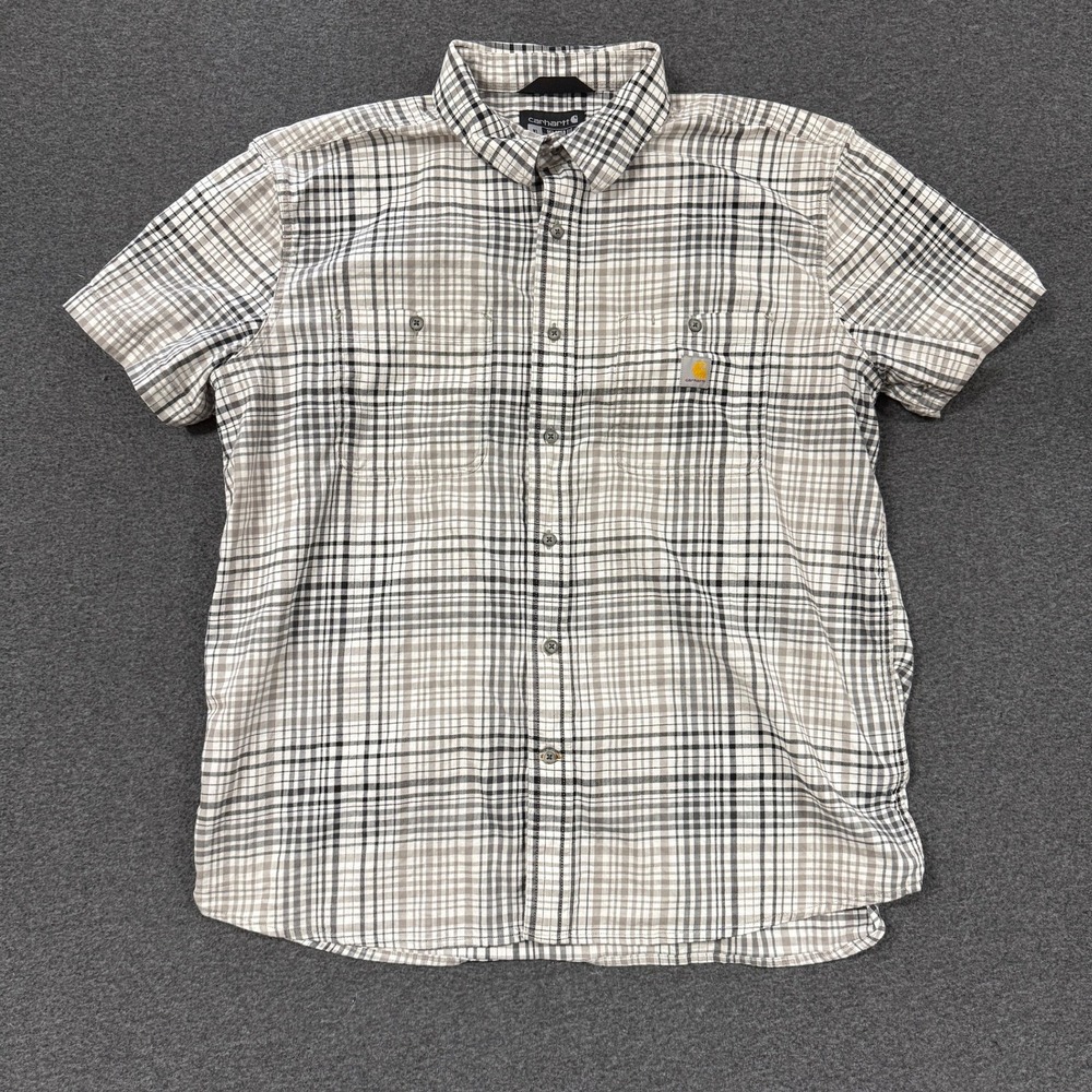 Modern Carhartt Plaid Button Down Mens XL Grey Good Relaxed Fit Short Sleeve